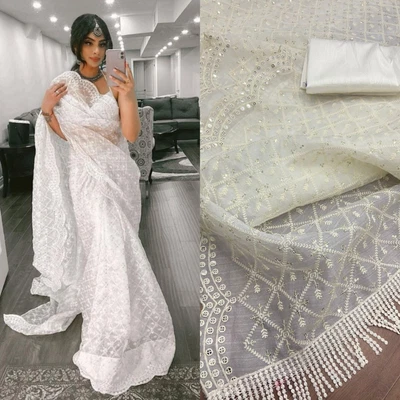 $82.49 • Buy Women Off White Ethnic Organza Sequins Saree Party Wear Wedding Sari Blouse