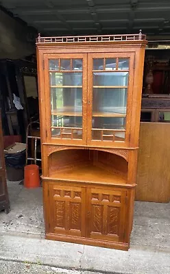 Victorian Oak Beveled Glass Corner China Cabinet • $2375