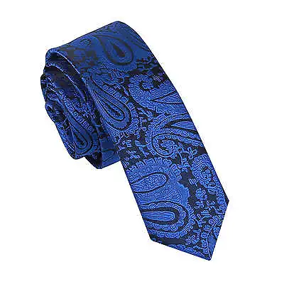 Royal Blue Skinny Tie Woven Floral Paisley Mens Formal Wedding Necktie By DQT • £7.99