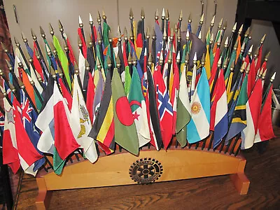 Lot Of 89Vintage   COUNTRY WORLD FLAGS ~FLAGS COME WITH ROTORY CLUB WOOD HOLDER • $88