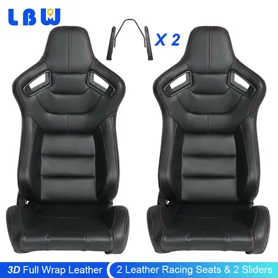 Pair Of Racing Seats Car Seats Black PU Leather + Orange String Reclinable Seats • $394.32