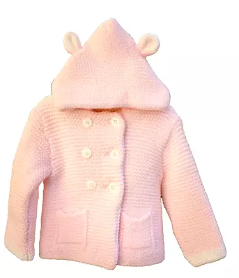 Baby Girls Pram Coat With Hoodie Pink Double Knitted Double Breasted Design • £19.99