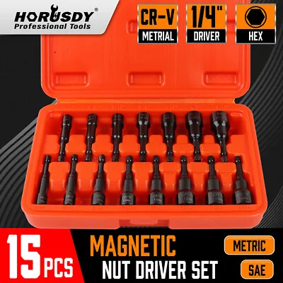 15pc Magnetic Nut Driver Setter Bit Nut Driver MM & SAE 1/4  Shank Quick Change • $17.59