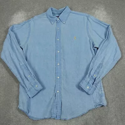 Ralph Lauren Mens Shirt Large Blue Slim Linen Button Down Long Sleeve Holiday • £39.99