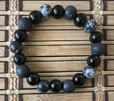 $9.99 • Buy New Beaded Yoga Gemstone Bangle Energy Onyx & Lava Adjustable Bracelets