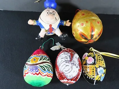 $9.41 • Buy 5 Vintage Real Wooden Egg Ornaments Lot Christmas Humpty Hand Painted More B8624
