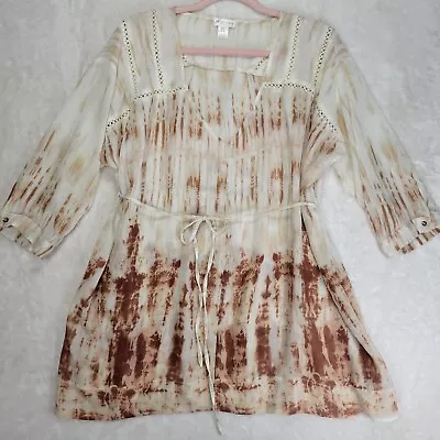 Motherhood Maternity Large Women's Top Sheer Chiffon Cream Brown Blouse W/ Belt • $13.45