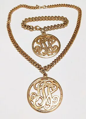 Unsigned Necklace Bracelet Set Bold Monogram Gold Tone Disc Pendant Heavy Chain • $7.99