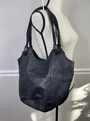 The Sak Black Pebbled Leather Hobo Purse Bucket Bag Patchwork Boho Chic • $34.95