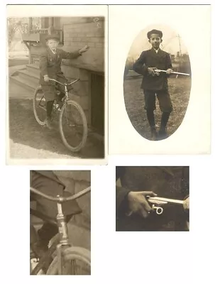 2 Postcards REAL PHOTO Boy Strange Gun ? Bicycle Rare Emblem ?  1907 • $1.99