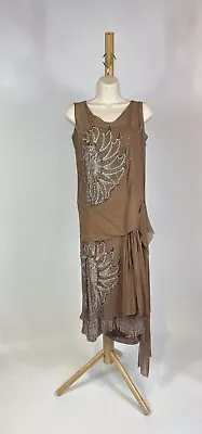 1920s Art Deco Tan Silk Chiffon Beaded Fringe Flapper Dress • $589