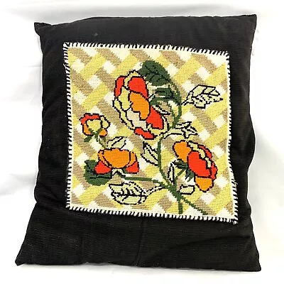 VTG Cross Stitch Hand Made Throw Pillow Crewel Flowers Black Corduroy Boho • $33.97