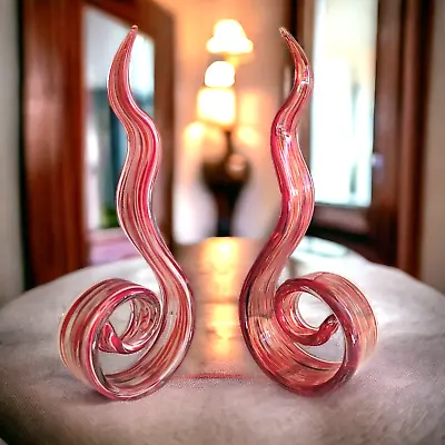 Pair Of Euro Murano Style Glass Swirl Abstract Sculpture Red Gold Ribbon 12  • $109.95