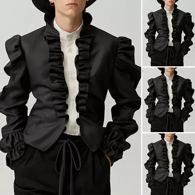 INCERUN Mens Open Front Short Coat Jacket Ruffled Flared Tops Outwear Cardigan • $31.34