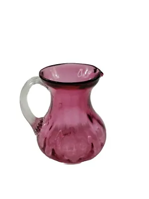 Vintage Small Cranberry Pink Blown Glass Pitcher Creamer Curved Clear Handle • $7.96