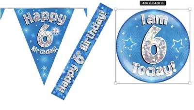 Age 6th Boy Happy Birthday Party Decorations Blue Bunting Banner Jumbo Badge • £2.69