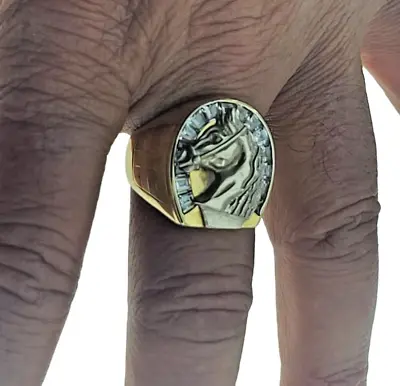 Horse On Horseshoe Large Men Ring Solid Real 14k Yellow Gold 12.7 Grams Size 9.5 • $1095.58