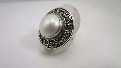 16mm Mabe Pearl Scroll Large Round Sterling Silver Ring Sz 9 • $35