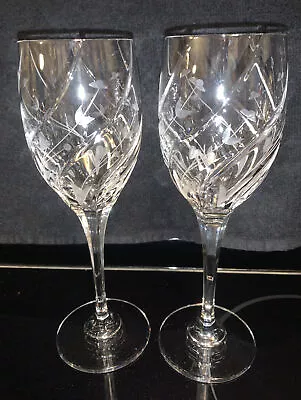 2 MIKASA  ENGLISH GARDEN Wine/Water Glass 9  Tall EUC Etched Flowers Swirl Cut • $50