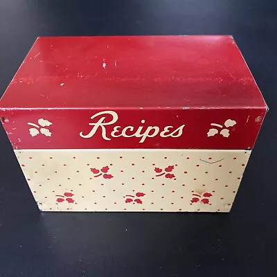 Vtg. Kitchen Red W/White Tin Metal Recipe Box W/ Written & Clipped Recipes • $25