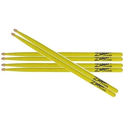 Zildjian 5A Acorn Neon Yellow Hickory Drumsticks With Wood Acorn Tips 3 Pairs • $79