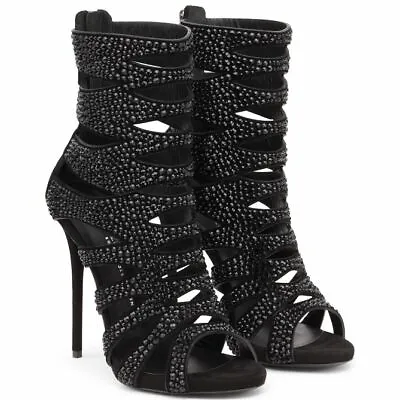 39/8.5❤️$2000 Zanotti Black Leather Suede Crystal High Heel Sandals Ankle Boots • $460.75