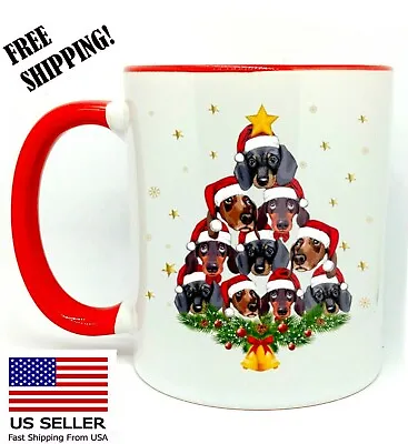 Dachshund Christmas Tree Birthday Funny Christmas Gift Red Mug 11 Oz Coffee • $15.99