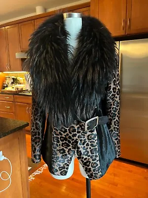 Leopard Leather Asymmetrical Jacket With Raccoon Fur Collar • $1800