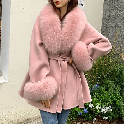 Women Fashion Fur Wool Coat Winter Belt Real Fur Collar Cuff Short Overcoat • $185.41