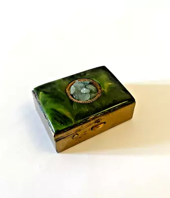 1940s Vintage Schildkraut Pill Box In Brass With Jadeite And Gemstone Chips • $40