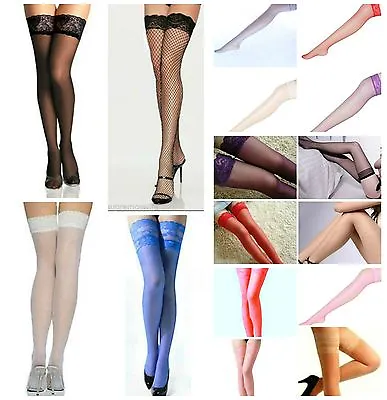 £2.69 • Buy NEW SEXY LACE TOP HOLD UPS STOCKINGS FISHNET SHEER Elasticated Or Silicone Strip