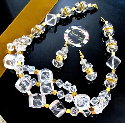 Vtg Runway Modernist NAPIER Crystal Ice Resin/Lucite 3 Strand Necklace Earrings • $172.99