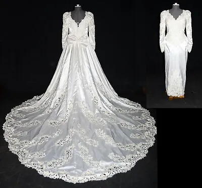 Mori Lee Vintage 80s White Satin Beaded Lace Beaded Wedding Dress W/ Train Sz 20 • $598.69