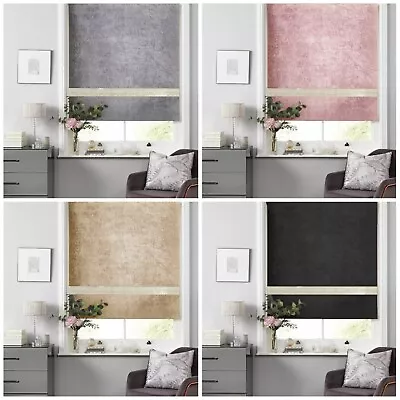 Crushed Velvet Blackout Dim Out Diamante Trim Roller Blinds Child Safe Easy Fit • £16.99