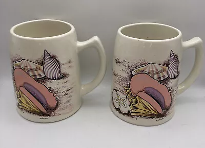 2 Nautical Ceramic Coffee Mugs Conch Shell Sea Shells Pink/Cream 16 Oz • $16.60