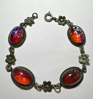 Vintage Sterling Silver Glass Cab Dragons Breath Flower 7  Bracelet Cd 39.6 • $197.99