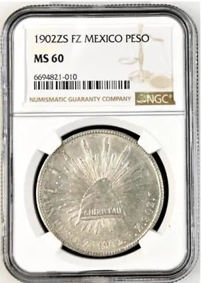 Mexico 1902 ZS FZ Silver Peso NGC MS 60 Zacatecas Mint • $236