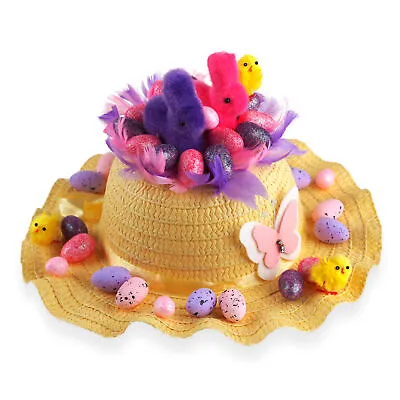 Girls Ready Made Decorated Easter Hat Bonnet - Pink Purple Bunnies • £15.99