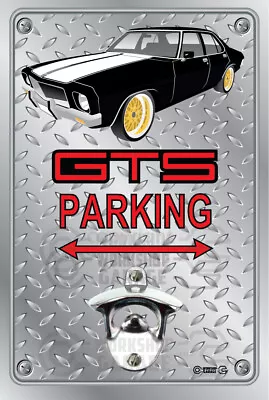 Pop A Top Wall Mount Bottle Opener Metal Sign - HOLDEN HQ GTS BLACK / GOLD RIMS • $29