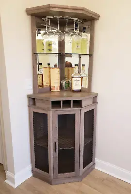 Corner Home Mini Bar Wood Liquor Wine Cabinet With Stem Rack Bottle Holder Gray • $367.95