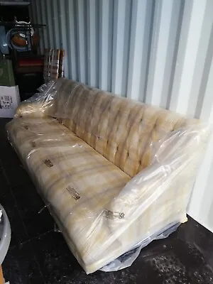 Large Sofa Handmade 4 Seater Mustard & Beige 100% Tartan Wool Low Chesterfield  • £1395