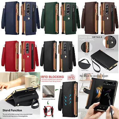 $34.99 • Buy Fr Samsung Galaxy Z Fold4 3 2 5G Zipper Wallet Stand Pen Holder Wrist Strap Case