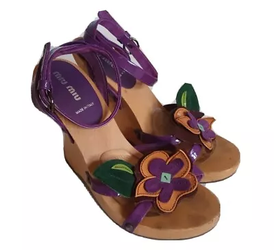 Miu Miu Sandals Shoes Wedges UK 5.5 EU 38.5 Flower Purple Patent Leather Italy • £129.95