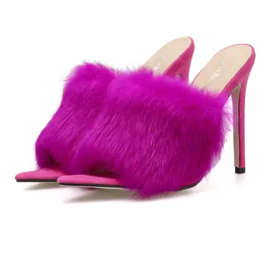 £32.39 • Buy Women Sexy High Heels Pointy Toe Mules Slippers Slip On Fur Sandals Shoes Party