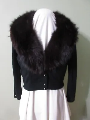 Vintage ORLON 100% Acrylic Faux Fur V Necked 4 Button Black Sweater Size Medium • $22.99