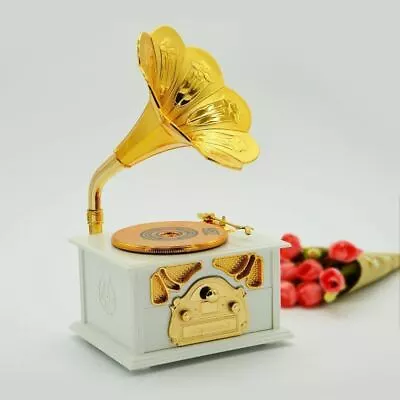 Classical Trumpet Horn Turntable Gramophone Art Disc Music Box Makeup Case White • $18.88