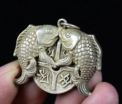 4CM Rare Old China Miao Silver Feng Shui Double Fish Luck Necklace Pendant • $8.91