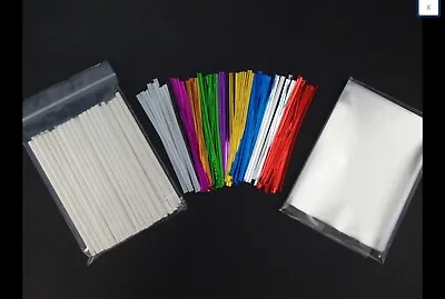 25 X 4.5  CAKE POP KIT PAPER STICKS 3.5 X 5  CELLO BAGS & METALLIC TWIST TIES • £3.25