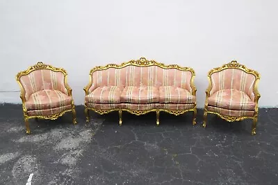 French Rococo Style Heavy Carved Painted Gold Long Sofa And 2 Chairs Set 5345 • $2995