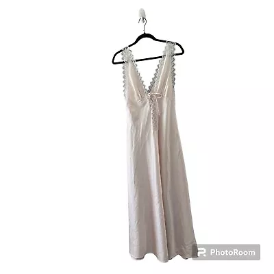 Vintage Christian Dior Pink Satin Nightgown Sleeveless V Neck Lace Trim • $32